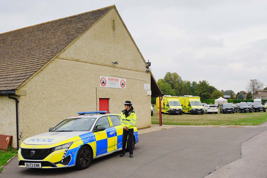 Emergency services attend the scene of an incident close to RAF Fairford, in Whelford, England, on Sunday, Sept. 27, 2026. (Ben Birchall/PA via AP)