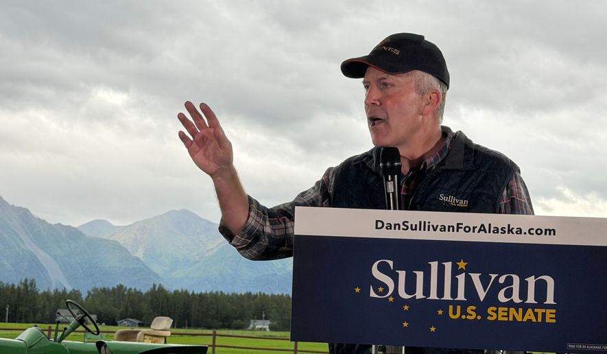 U.S. Sen. Dan Sullivan, R-Alaska, speaks at a "get out the vote" event held at a farm in Palmer, Alaska, on Aug. 17, 2026. (AP Photo/Mark Thiessen, File)
