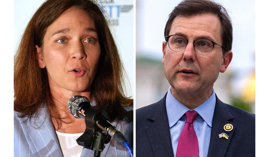 This combination photo shows Rebecca Bennett, a Democrat candidate for New Jersey's 7th Congressional District, May 30, 2026, in Flemington, N.J., left, and Rep. Tom Kean Jr, R-N.J., April 22, 2024, in Kyiv, Ukraine. (AP Photo)