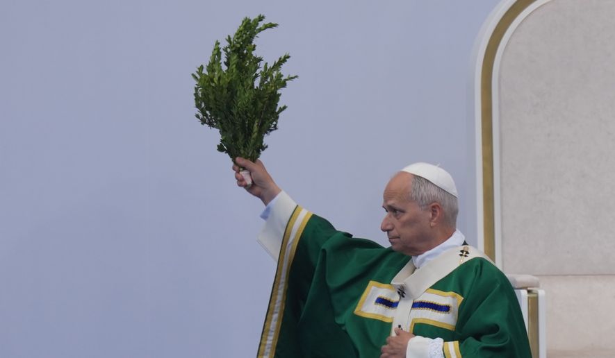 Pope Leo XIV celebrates Mass at the Sanctuary of Our Lady of Lourdes, France, Sunday, Sept. 27, 2026. (AP Photo/Thibault Camus)
