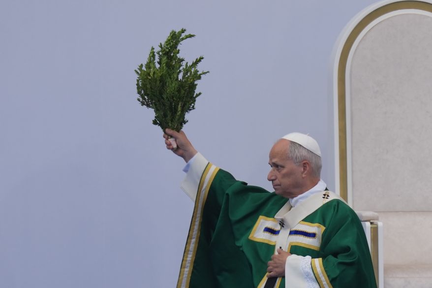Pope Leo XIV celebrates Mass at the Sanctuary of Our Lady of Lourdes, France, Sunday, Sept. 27, 2026. (AP Photo/Thibault Camus)