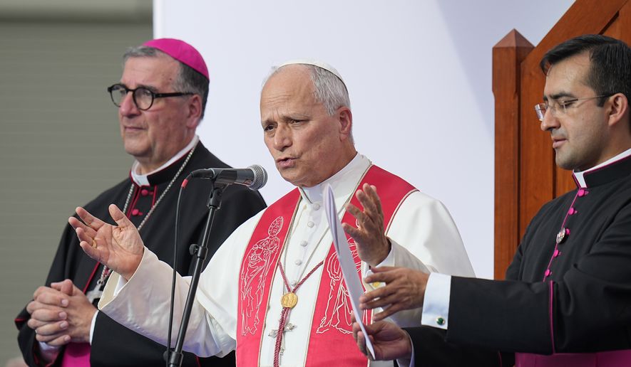 Pope Leo XIV meets with staff and guests of Accueil Notre-Dame and sick people at the Sanctuary of Our Lady of Lourdes, France, Sunday, Sept. 27, 2026. (AP Photo/Laurent Cipriani)