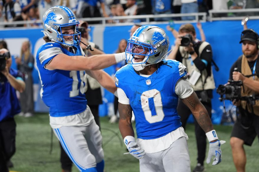 Detroit Lions' Jahmyr Gibbs celebrates his touchdown run during the second half of an NFL football game against the New York Jets in Detroit, Sunday, Sept. 27, 2026. (AP Photo/Paul Sancya)