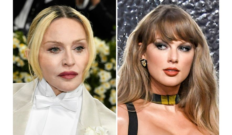 Madonna appears at The Metropolitan Museum of Art's Costume Institute benefit gala in New York on May 5, 2025, left, and Taylor Swift appears at the MTV Video Music Awards in Elmont, N.Y., on Sept. 11, 2024. (Photos by Evan Agostini/Invision/AP, File)