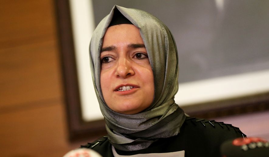 Fatma Betul Sayan Kaya, Turkey's Minister of Family Affairs, speaks to the media at Ataturk Airport in Istanbul on March 12, 2017. (AP Photo, File)