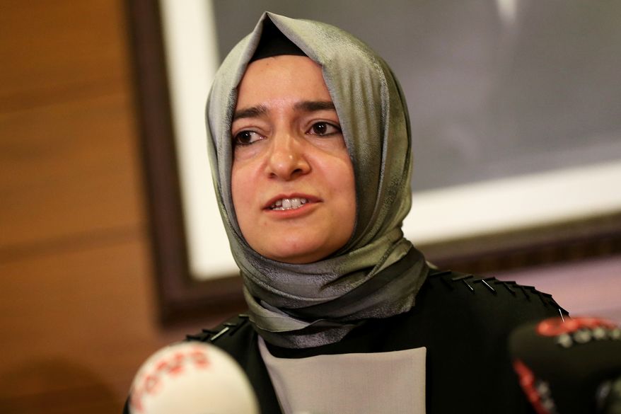 Fatma Betul Sayan Kaya, Turkey's Minister of Family Affairs, speaks to the media at Ataturk Airport in Istanbul on March 12, 2017. (AP Photo, File)