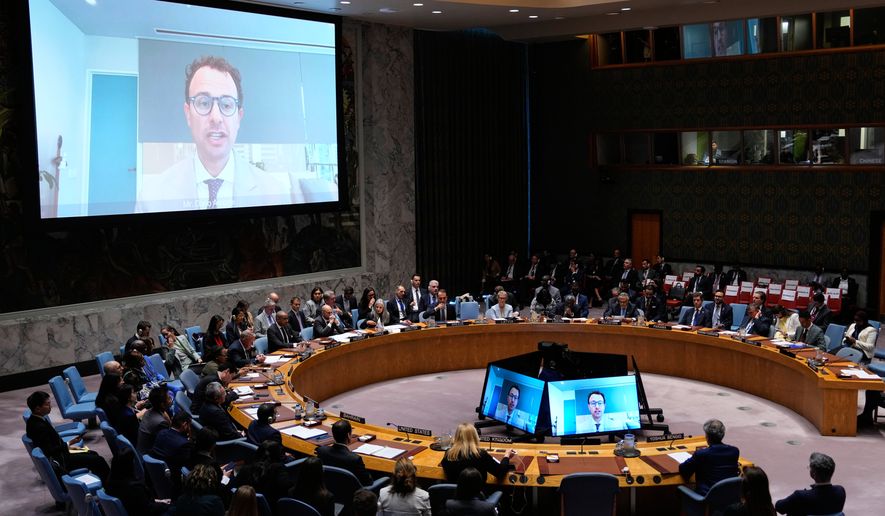 Dario Amodei, CEO of Anthropic, speaks remotely during a Security Council meeting on artificial intelligence at the 81st session of the United Nations General Assembly at United Nations headquarters, Wednesday, Sept. 23, 2026. (AP Photo/Yuki Iwamura)
