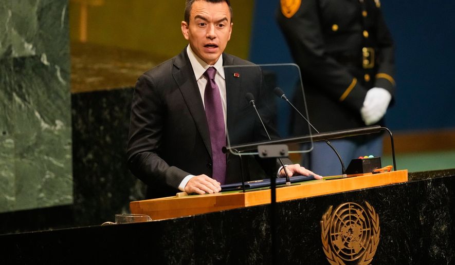 Ecuador's President Daniel Noboa speaks during the 81st session of the United Nations General Assembly at United Nations headquarters, Wednesday, Sept. 23, 2026. (AP Photo/Seth Wenig)