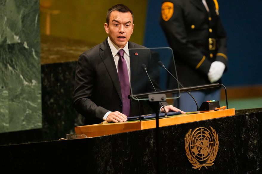 Ecuador's President Daniel Noboa speaks during the 81st session of the United Nations General Assembly at United Nations headquarters, Wednesday, Sept. 23, 2026. (AP Photo/Seth Wenig)