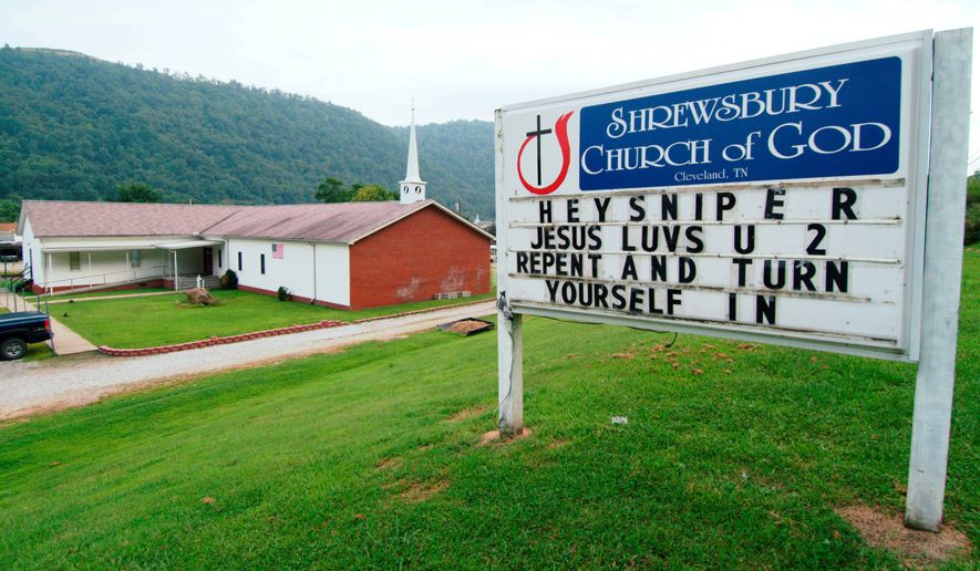 A sign in front of the Shrewsbury Church of God in Shrewsbury, W.Va., shown, Aug. 22, 2003, includes a message concerning three fatal shootings in the Charleston, W.Va.-area. (AP Photo/Bob Bird, File)