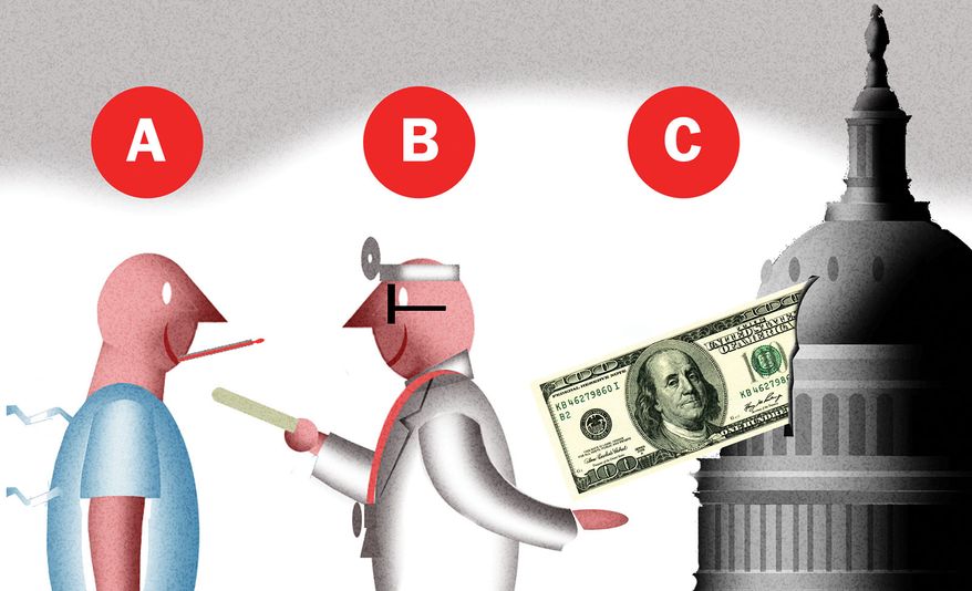 The price of healthcare and Medicaid fraud illustration by Alexander Hunter/The Washington Times