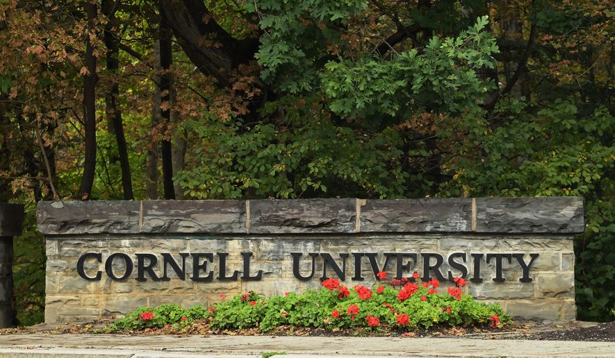 A Cornell University sign stands in Ithaca, N.Y., Monday, Sept. 28, 2026. (AP Photo/Heather Ainsworth)