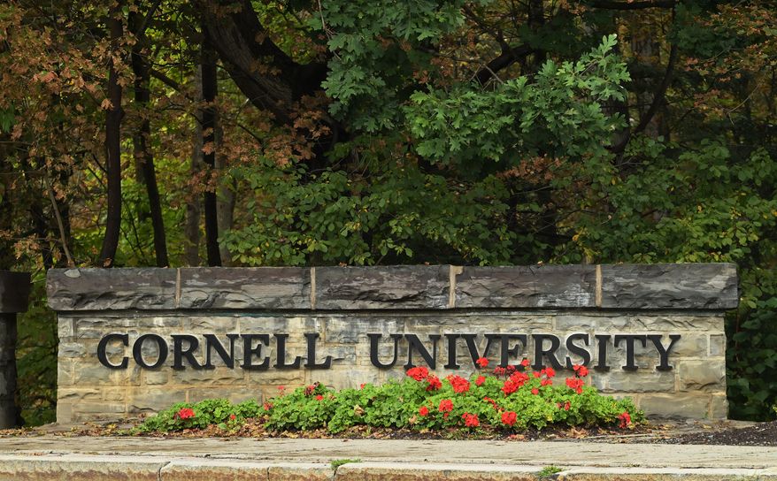 A Cornell University sign stands in Ithaca, N.Y., Monday, Sept. 28, 2026. (AP Photo/Heather Ainsworth)