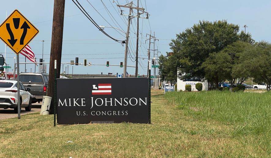 A campaign sign in support of House Speaker Mike Johnson is pictured Wednesday, Aug. 26, 2026, in Benton, La. (AP Photo/Lisa Mascaro)