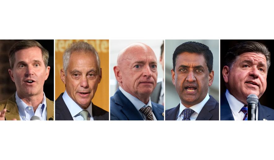 This combination photo shows Kentucky Gov. Andy Beshear, from left, Rahm Emanuel, Sen. Mark Kelly, D-Ariz., Rep. Ro Khanna, D-Calif., and Illinois Gov. J.B. Pritzker. (AP Photo)