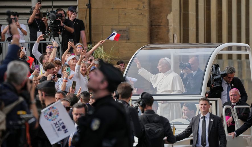 Pope Leo XIV arrives to celebrate mass at the Cathedral of Saint Stephen, in Metz, France, Monday, Sept. 28, 2026. (AP Photo/Gregorio Borgia)