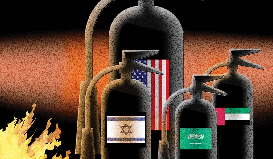 The United States of America, Israel, Saudi Arabia and United Arab Emirates illustration by Alexander Hunter/The Washington Times