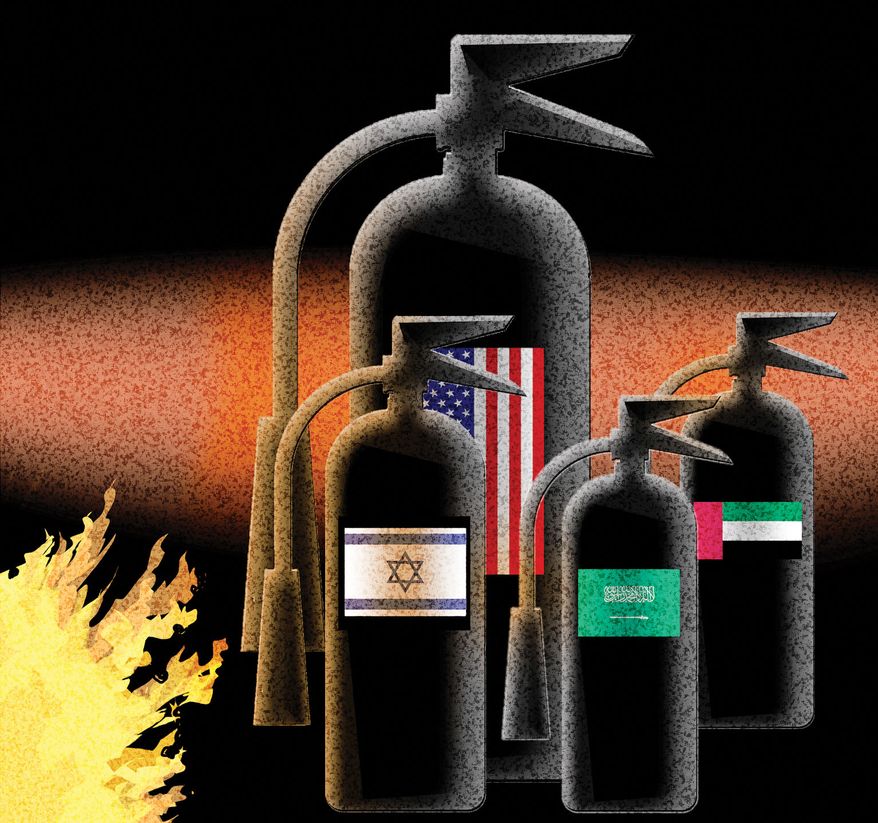The United States of America, Israel, Saudi Arabia and United Arab Emirates illustration by Alexander Hunter/The Washington Times