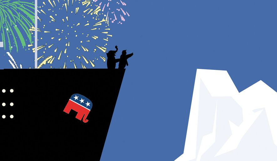 The midterms with the Republicans and President Donald Trump on the Titanic illustration by Alexander Hunter/The Washington Times