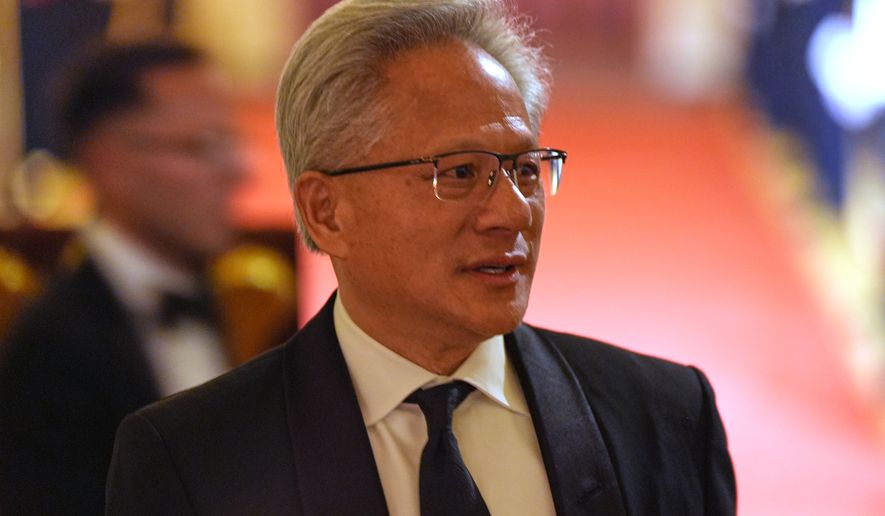 NVIDIA CEO Jensen Huang arrives as President Donald Trump hosts a State Dinner for China's President Xi Jinping in the East Room of the White House, Thursday, Sept. 24, 2026, in Washington. (AP Photo/Alex Brandon)