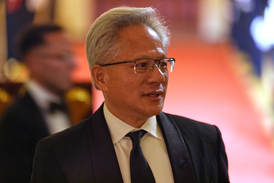 NVIDIA CEO Jensen Huang arrives as President Donald Trump hosts a State Dinner for China's President Xi Jinping in the East Room of the White House, Thursday, Sept. 24, 2026, in Washington. (AP Photo/Alex Brandon)