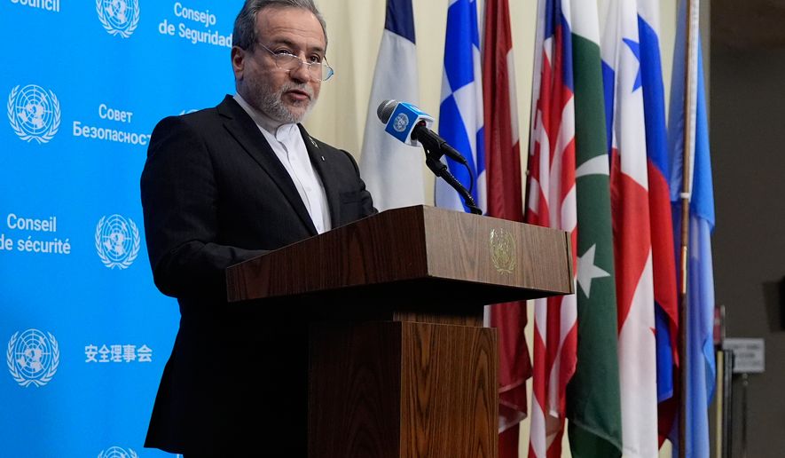 Iran's Foreign Minister Abbas Araghchi speaks to the media during the 81st session of the United Nations General Assembly at United Nations headquarters, Friday, Sept. 25, 2026. (AP Photo/Yuki Iwamura)