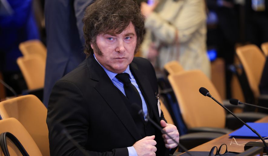 Argentina's President Javier Milei attends a meeting of the multinational political and security coalition "Shield of the Americas" on the sidelines the United Nations General Assembly, Tuesday, Sept. 22, 2026, at the UN headquarters. (Charly Triballeau/Pool Photo via AP)