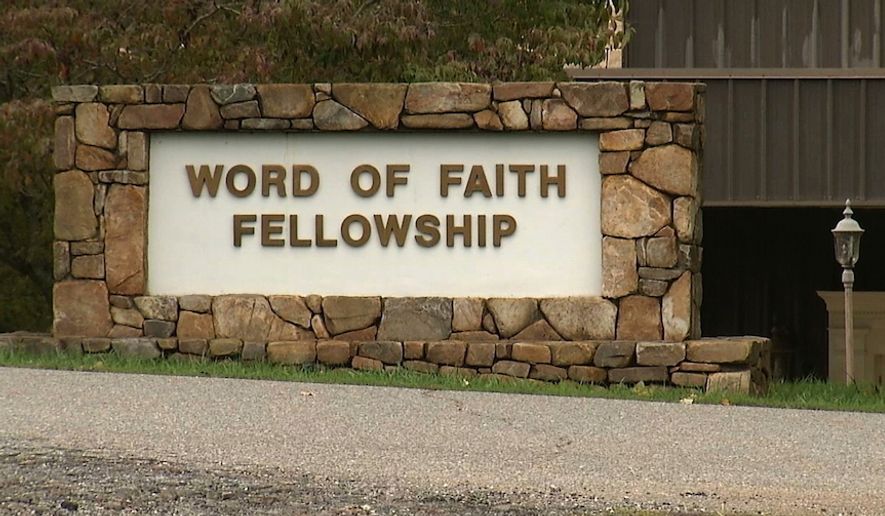 This image from video shows the entrance to the Word of Faith Fellowship church in Spindale, N.C., in 2016. (AP Photo/Alex Sanz, File)