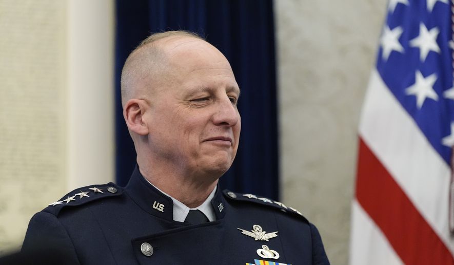 Space Force vice chief of operations Gen. Michael Guetlein listens as President Donald Trump speaks in the Oval Office of the White House, Tuesday, May20, 2025, in Washington. (AP Photo/Alex Brandon)