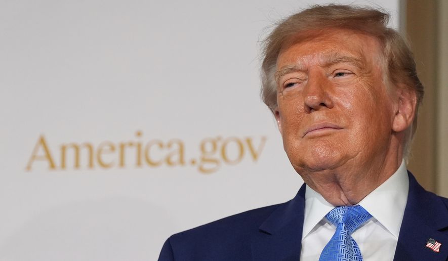 President Donald Trump stands on stage at the Andrew W. Mellon Auditorium, Tuesday, Sept. 29, 2026, in Washington. (AP Photo/Alex Brandon)