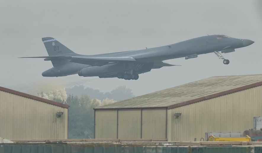 A B-1 bomber takes off from RAF Fairford in Fairford, England, Tuesday, Sept. 29, 2026. (AP Photo/Alastair Grant)
