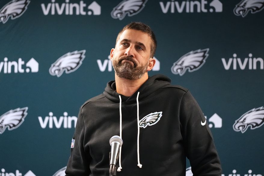 Philadelphia Eagles head coach Nick Sirianni responds to a question during a news conference after an NFL football game against the Chicago Bears in Chicago, Monday, Sept. 28, 2026. (AP Photo/David Banks)