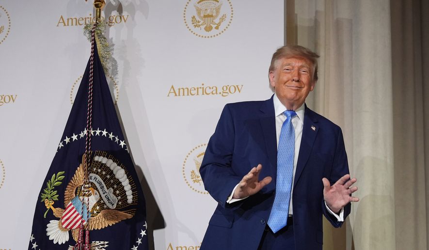 President Donald Trump on stage at the Andrew W. Mellon Auditorium, Tuesday, Sept. 29, 2026, in Washington. (AP Photo/Alex Brandon)