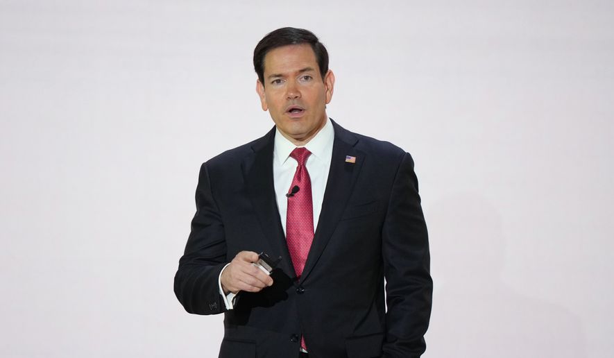 Secretary of State Marco Rubio, addresses members of the audience ahead of President Donald Trump's scheduled remarks at the Andrew W. Mellon Auditorium, Tuesday, Sept. 29, 2026, in Washington. (AP Photo/Mark Schiefelbein)