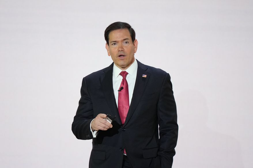 Secretary of State Marco Rubio, addresses members of the audience ahead of President Donald Trump's scheduled remarks at the Andrew W. Mellon Auditorium, Tuesday, Sept. 29, 2026, in Washington. (AP Photo/Mark Schiefelbein)