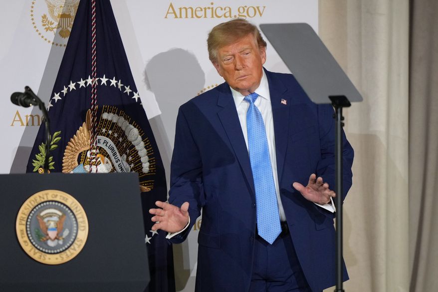President Donald Trump arrives to speak during an event to mark the launch of the America.gov website, Tuesday, Sept. 29, 2026, in Washington. (AP Photo/Mark Schiefelbein)