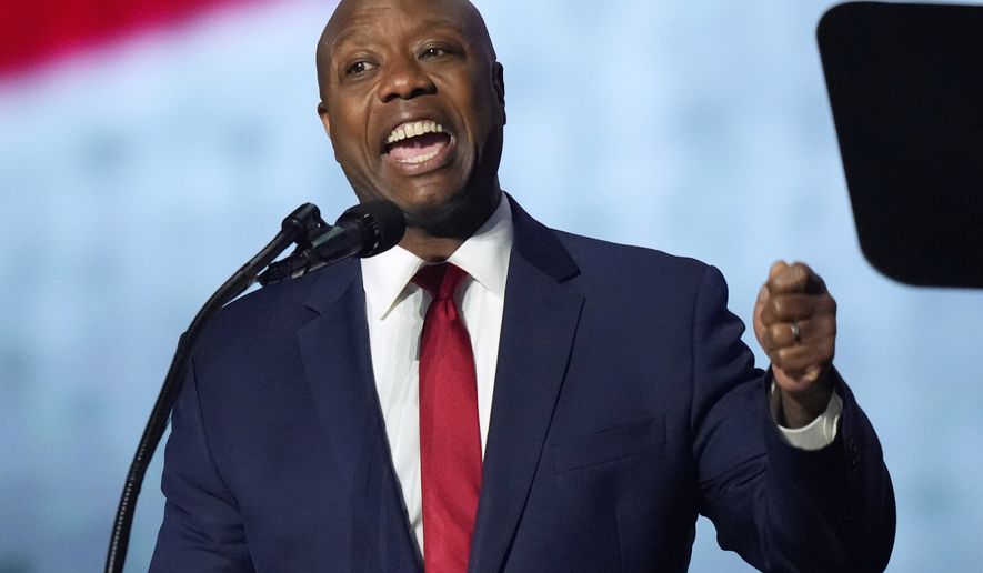 Sen. Tim Scott, R-S.C., speaks at the Republican convention Wednesday, Sept. 9, 2026, in Dallas. (AP Photo/Alex Brandon)