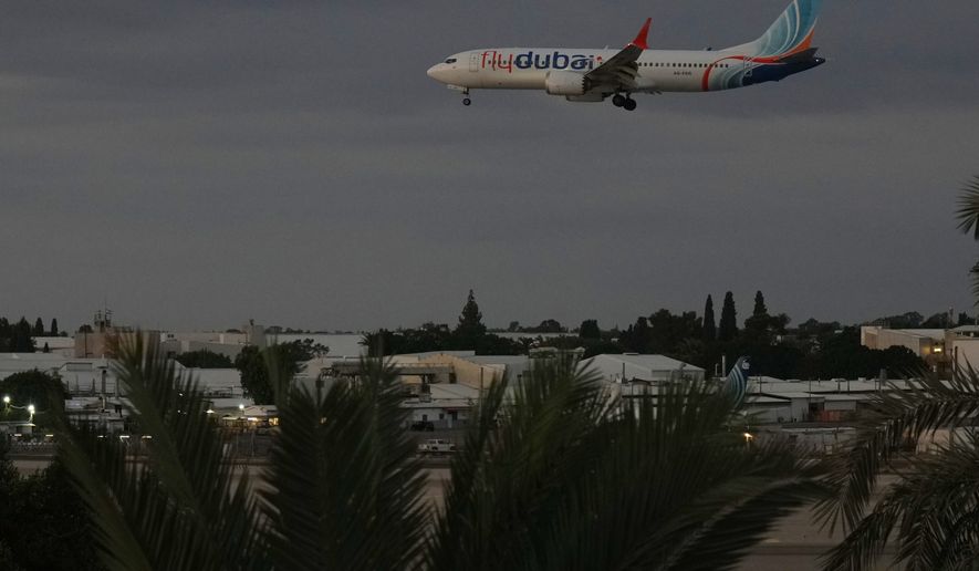 A FlyDubai aircraft carrying Israelis who experienced an emergency landing in Saudi Arabia arrives at Ben Gurion International Airport, near Tel Aviv, Israel, Wednesday, Sept. 30, 2026. (AP Photo/Ariel Schalit)