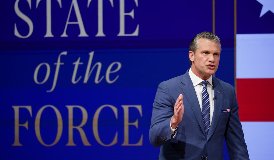 Secretary of Defense Pete Hegseth gives a State of the Force address at Marine Corps Base Quantico, Wednesday, Sept. 30, 2026 in Quantico, Va. (Alex Wong/Pool Photo via AP)