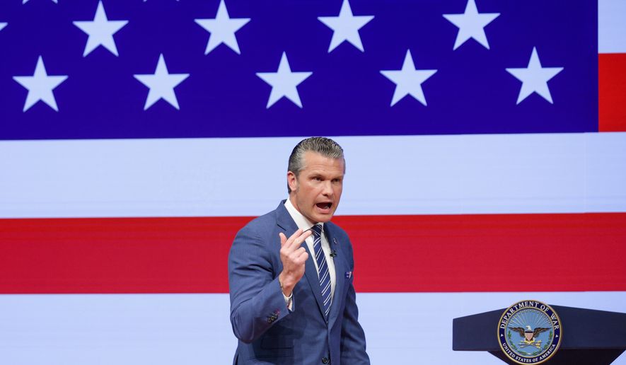 Secretary of Defense Pete Hegseth gives a State of the Force address at Marine Corps Base Quantico, Wednesday, Sept. 30, 2026 in Quantico, Va. (Alex Wong/Pool Photo via AP)