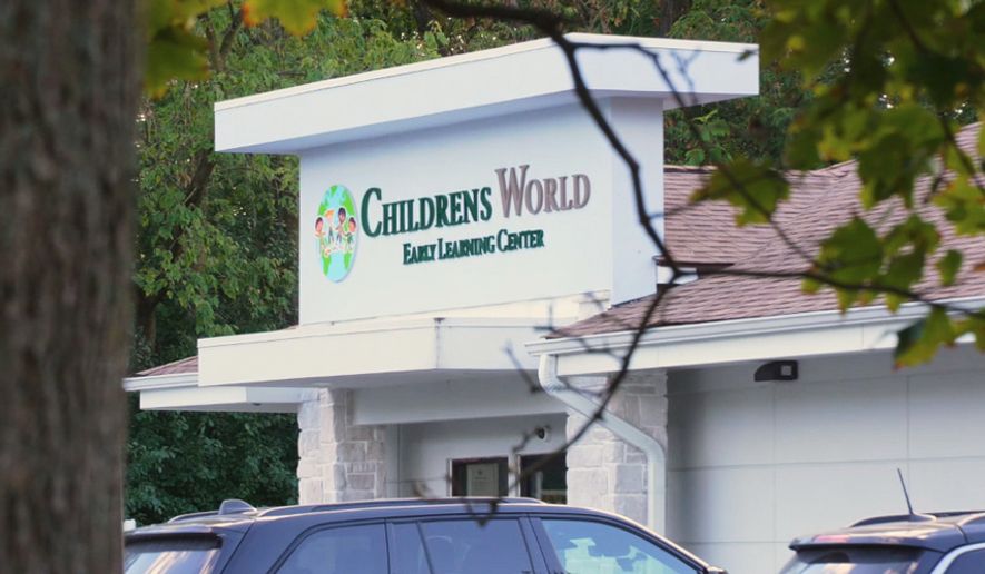 This image from video provided by WXYZ shows the Children's World Early Learning Center in Canton, Mich., on Monday, Sept. 28, 2026. (WXYZ via AP)