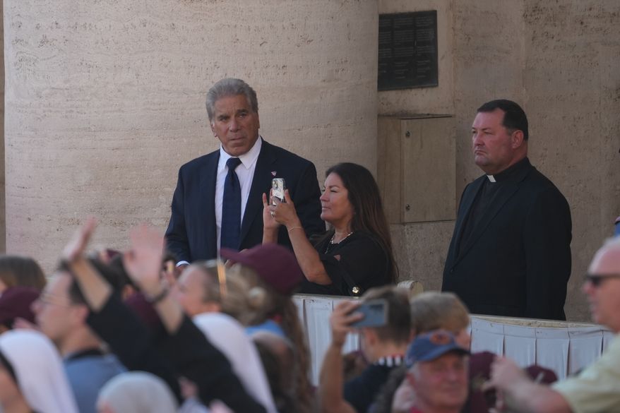 American actor Lou Ferrigno, left, attends Pope Leo XIV's weekly general audience at the Vatican, Wednesday, Sept. 30, 2026. (AP Photo/Andrew Medichini)