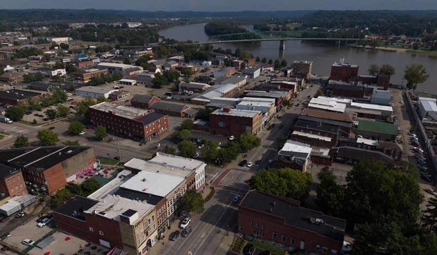 The Ohio River and Marietta, Ohio, are seen Thursday, Sept. 17, 2026. (AP Photo/Carolyn Kaster)