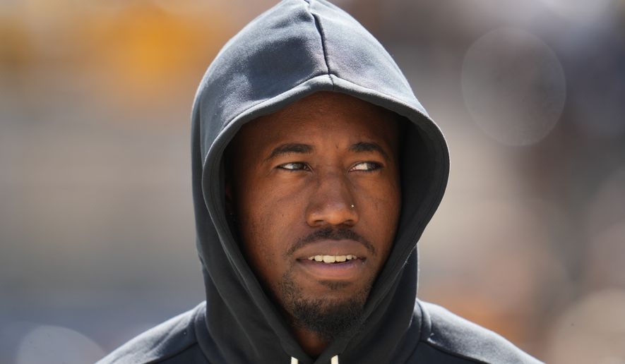 Pittsburgh Steelers cornerback Joey Porter Jr. during warmups before an NFL football game against the Cincinnati Bengals in Pittsburgh, Sunday, Sept. 27, 2026. (AP Photo/Gene J. Puskar)