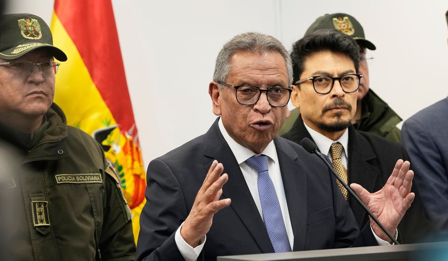 Bolivian Minister of Government Marco Antonio Oviedo gives a news conference on the detention of Bolivian Attorney General Roger Mariaca in La Paz, Bolivia, Thursday, Oct. 1, 2026. (AP Photo/Juan Karita)