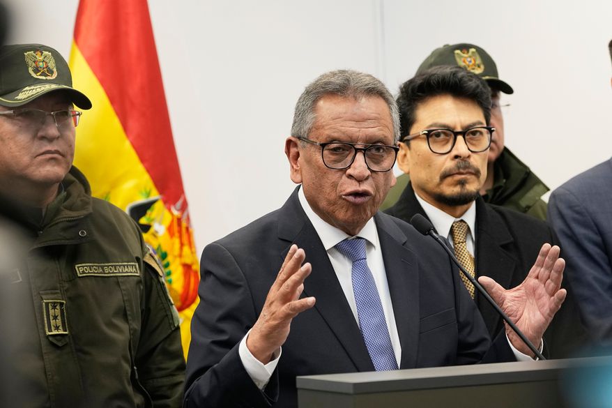 Bolivian Minister of Government Marco Antonio Oviedo gives a news conference on the detention of Bolivian Attorney General Roger Mariaca in La Paz, Bolivia, Thursday, Oct. 1, 2026. (AP Photo/Juan Karita)