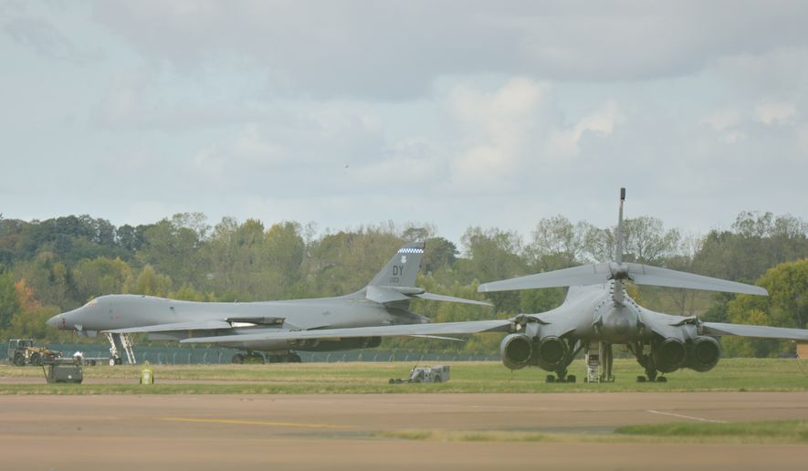 A B1 bomber is towed past another B1 aircraft at RAF Fairford, a U.S. air force base in Fairford, England, Monday, Sept. 28, 2026. (AP Photo/Alastair Grant) ** FILE **
