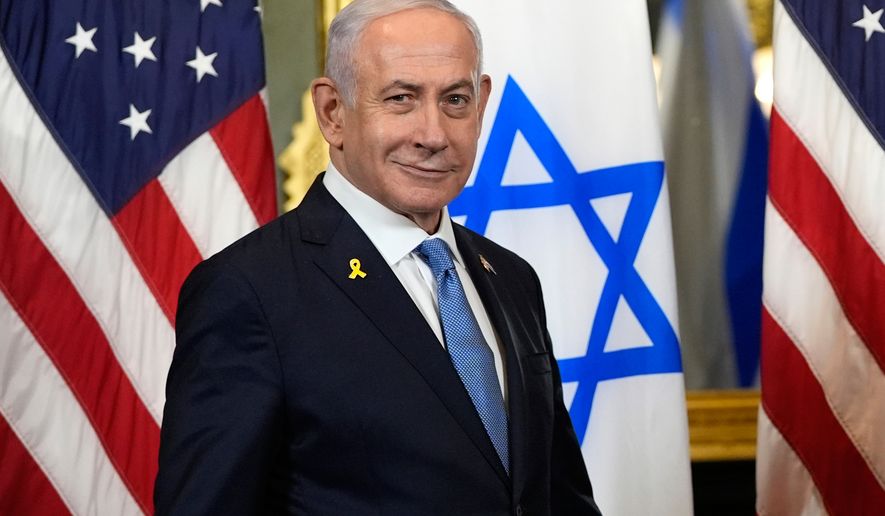 FILE - Israeli Prime Minister Benjamin Netanyahu arrive before a meeting at the Eisenhower Executive Office Building on the White House complex in Washington, July 25, 2024. (AP Photo/Julia Nikhinson, File)