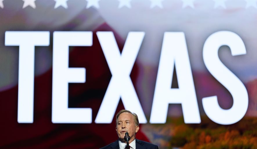 Republican U.S. Senate candidate Texas Attorney General Ken Paxton speaks at the Republican convention Wednesday, Sept. 9, 2026, in Dallas. (AP Photo/Julia Demaree Nikhinson)