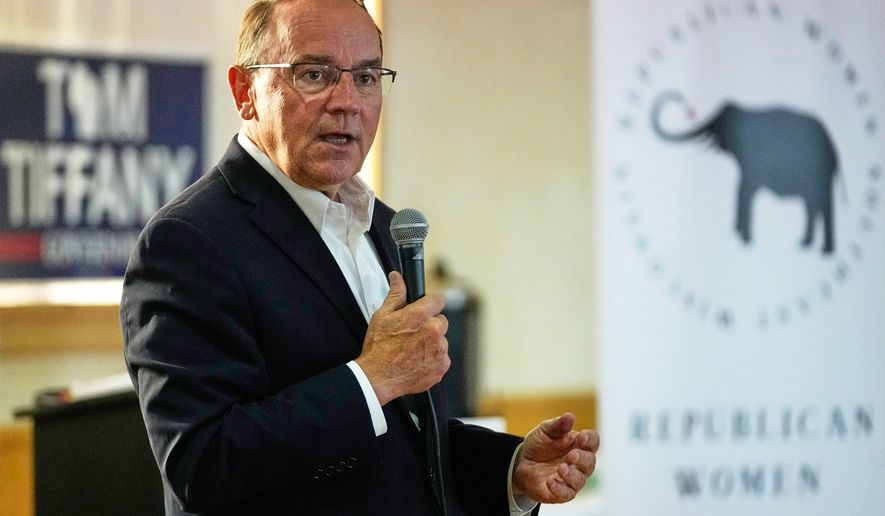 FILE - Republican gubernatorial candidate Tom Tiffany talks to supporters during a campaign event, July 29, 2026, in Kenosha, WI. (AP Photo/Nam Y. Huh, File)